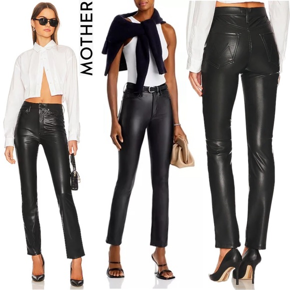MOTHER Denim Black Faux Leather Pants Straight High Rise Dazzler Skimp Modern 34 - Picture 1 of 12